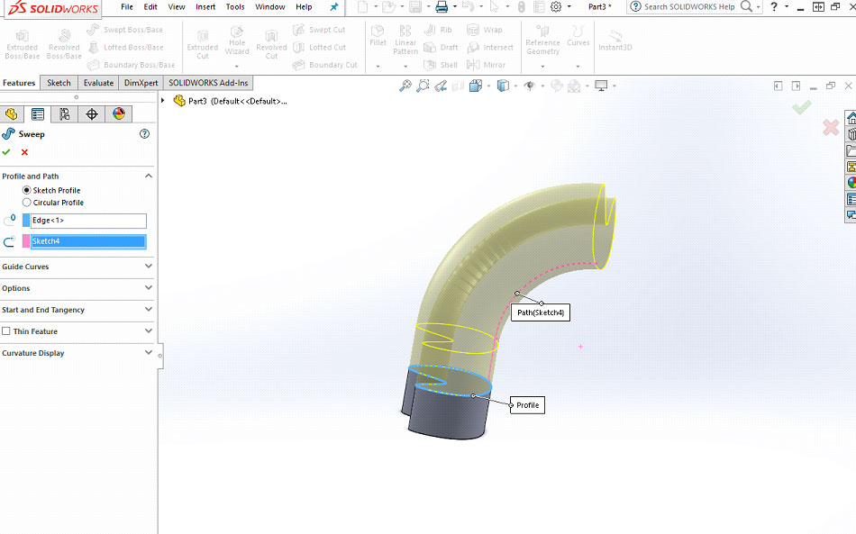 Swept feature enhancement in SOLIDWORKS 2017