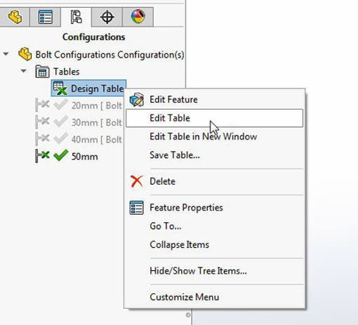   Design Tables in SOLIDWORKS - Edit tables