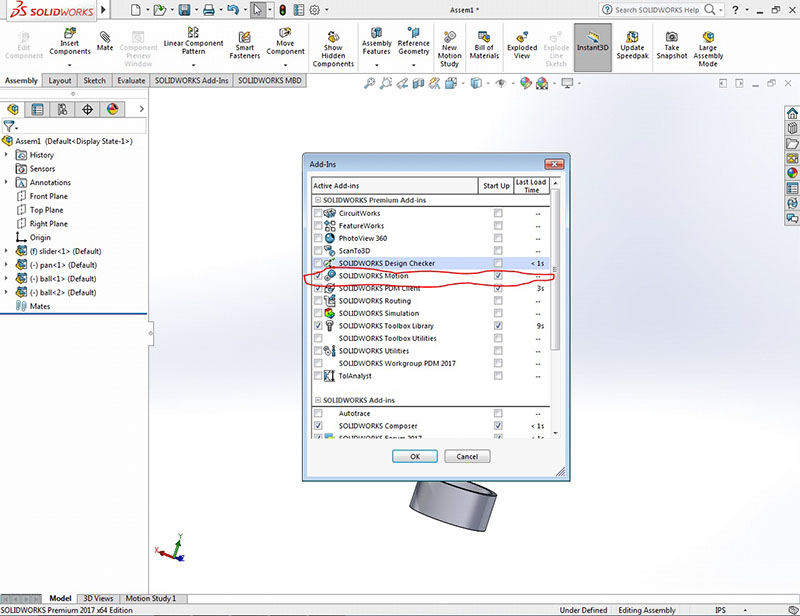 Motion Analysis we have to add SOLIDWORKS Motion