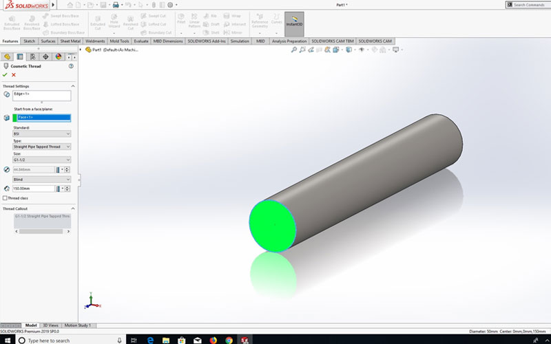 How to Create cosmetic threads in SOLIDWORKS on a cylindrical feature?