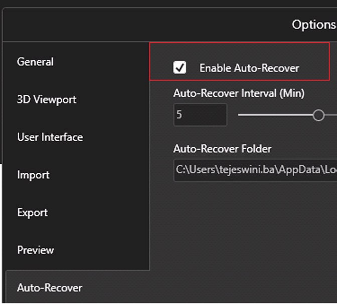 Enable auto recover data in SOLIDWORKS Visualize 2019