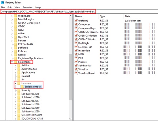 Regedit setting for SOLIDWORKS Serial key