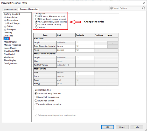 change units in solidworks