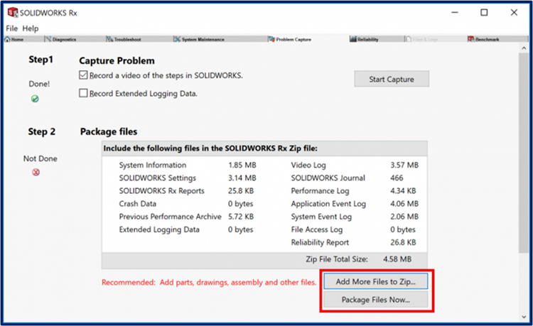 SOLIDWORKS issue capture tool: Package Files
