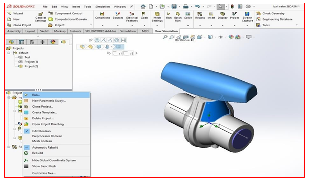 In SOLIDWORKS Flow Simulation, perform the project setup and hit “Run”.