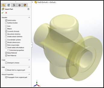 Select the part template on which the mirrored part need to be created. Then the Property Manager for Insert command will appear. Choose the properties to be transferred in the new mirrored part. 