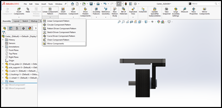 Mirror Components command can be found in Assembly tab under the drop down available in the Linear Component Pattern command.