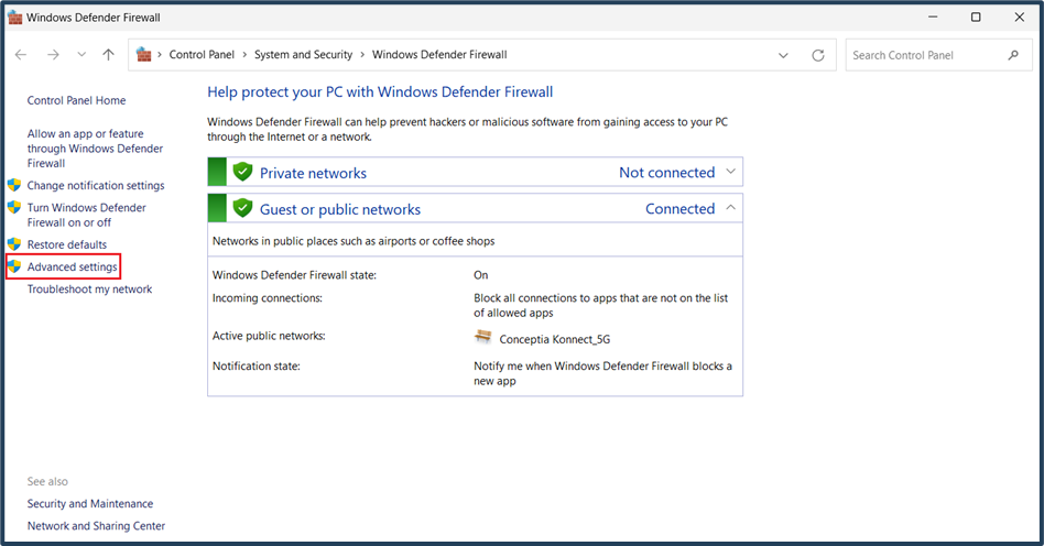 Step 2: Select "Advanced settings" and then "Inbound Rules."