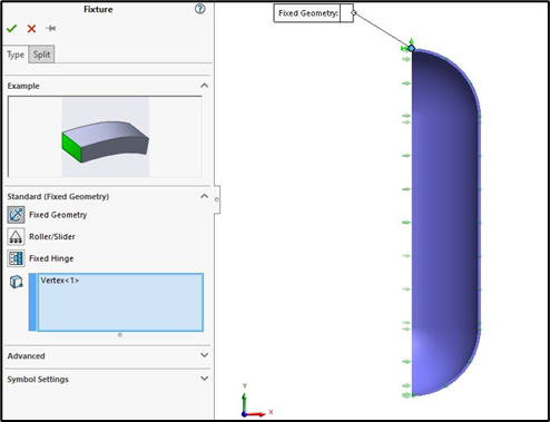 To stabilize the model, Right-click on the Fixtures and select Fixed Geometry.