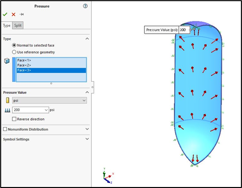 Uniform Pressure of 200 psi is applied on the internal surface of the pressure vessel.