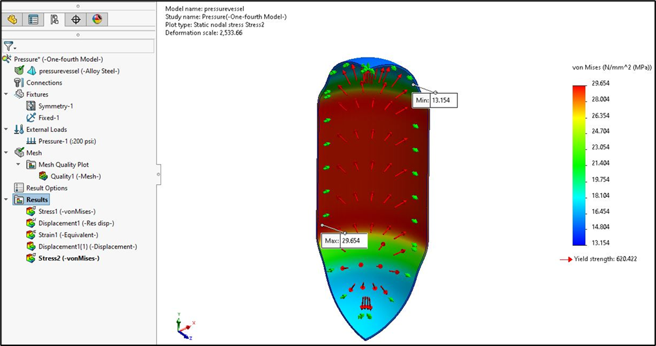 Analysing symmetrical models in SOLIDWORKS Simulation can be a highly effective approach to reduce computation time and improve efficiency while ensuring accurate results.