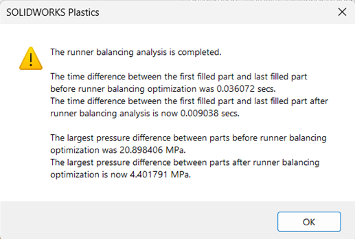 SOLIDWORKS Plastics - The runner balancing analysis is completed
