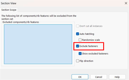 How do you avoid sectioning a selected part in SOLIDWORKS Drafting?