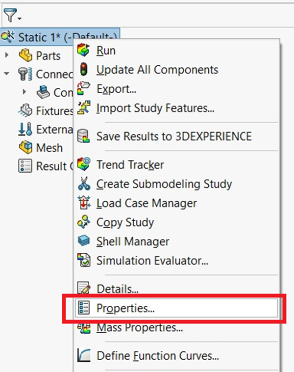 Choosing the Properties option from the Static Setup tree