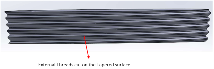 Using the Sweep-cut option, cut the threads on the tapered surface by using the Thread profile as the Sketch Profile and the helix as the Path