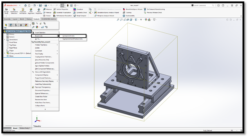 For External reference management, you can choose to keep the external links, allowing the SOLIDWORKS model to update automatically if the source file changes, or break the link to convert the model into a fully editable SOLIDWORKS file without future updates.