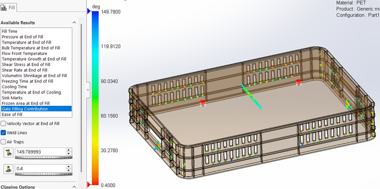 Analysing the gate fill contribution by SOLIDWORKS Plastics Simulation when using Multiple Injection Points 