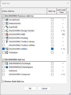 Once the Add-Ins dialog box opens, look for SOLIDWORKS Utilities in the list. If you find the add-in, ensure that both checkboxes following SOLIDWORKS Utilities are checked and Click OK to close the dialog.