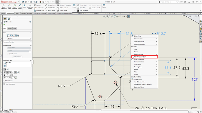 Select one or more dimensions, then right click and select Break dimension Line