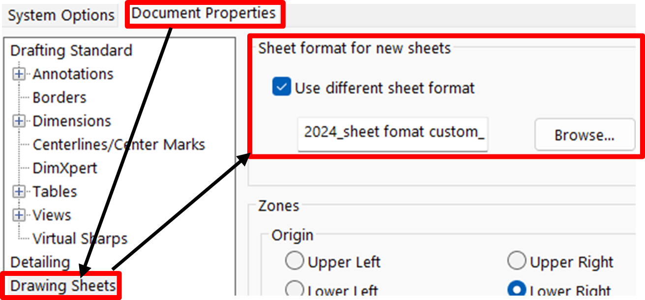 Adding Custom Sheet format to the new sheets in SOLIDWORKS Drawings