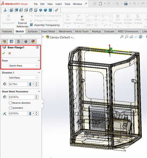 Go to Sheet Metal > Base Flange/Tab. Select the From option.