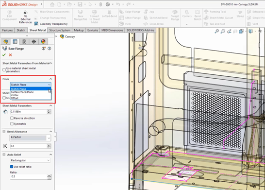 In the Base Flange, select the from option. And select the required the reference type.